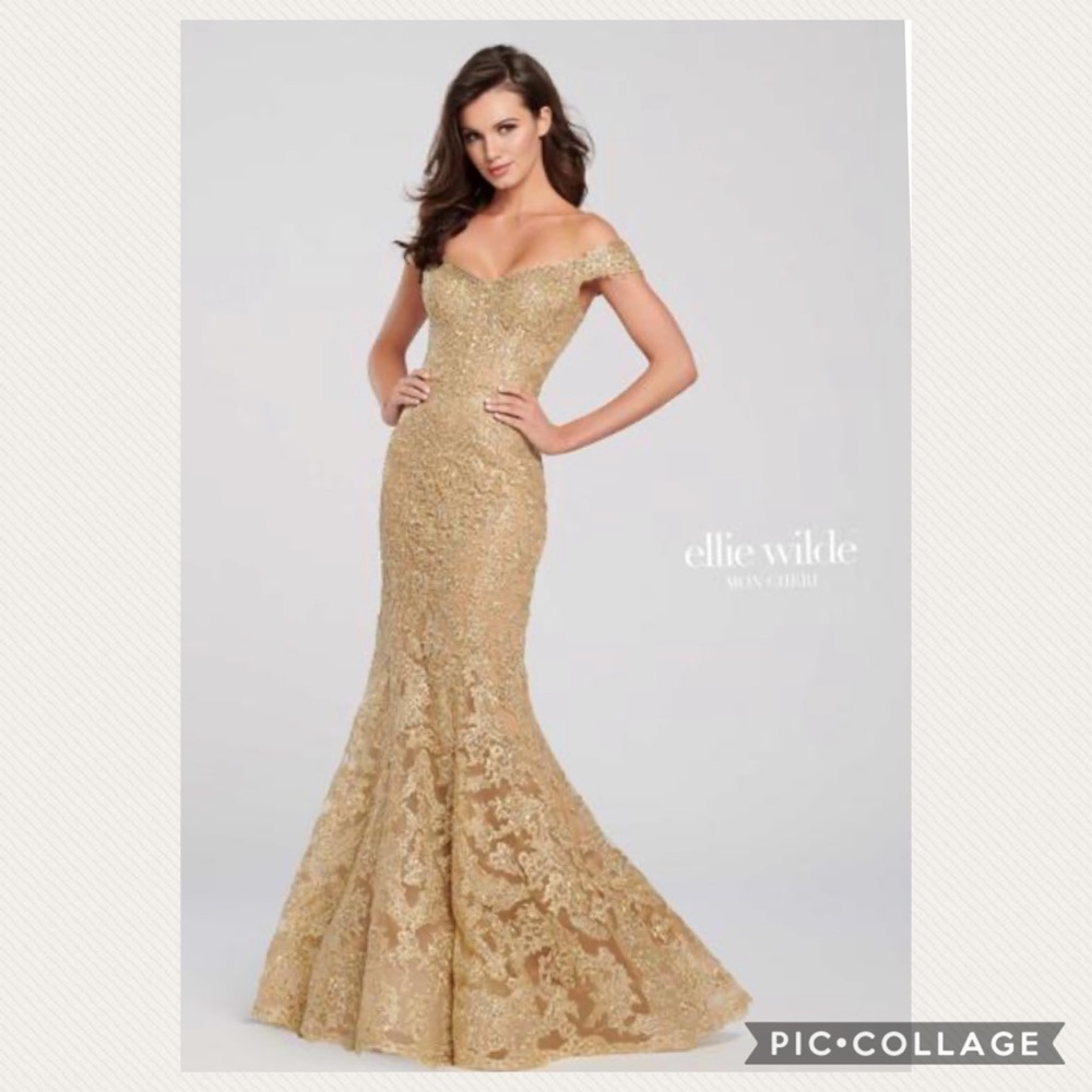 Brand new Ellie Wilde mermaid off the shoulder gold long Gown - Picture 2 of 5